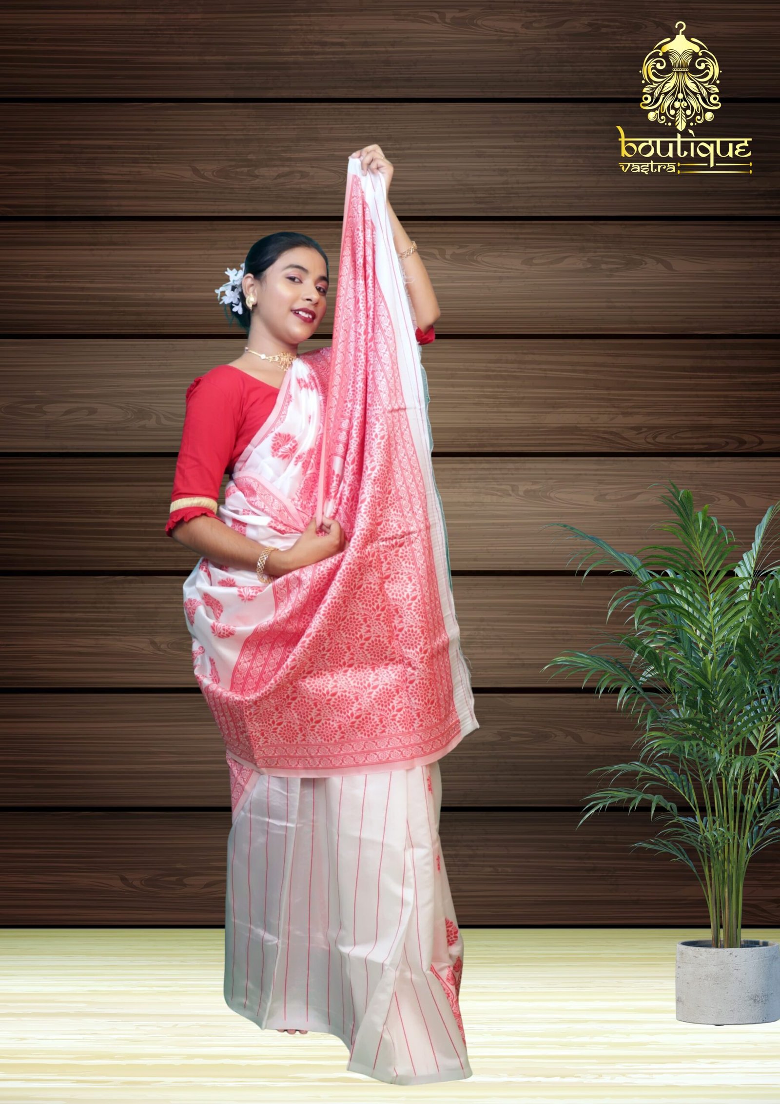 White And Red Designer Pure Bengali Silk Saree