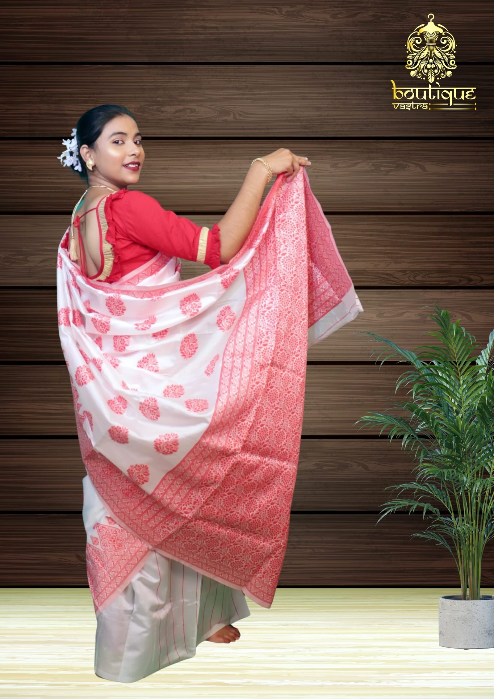 White And Red Designer Pure Bengali Silk Saree - Image 3